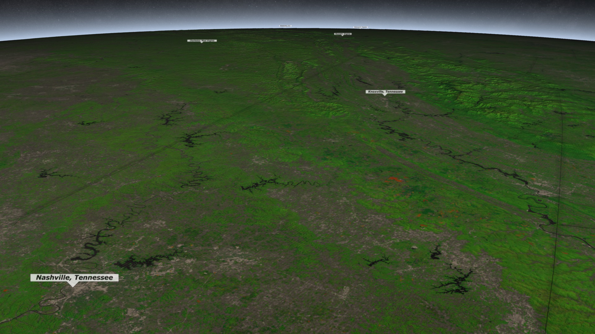 This animation traverses the eastern seaboard of the United States flying over regions of mountain top removal and deforestation (depicted in shades of orange to red).