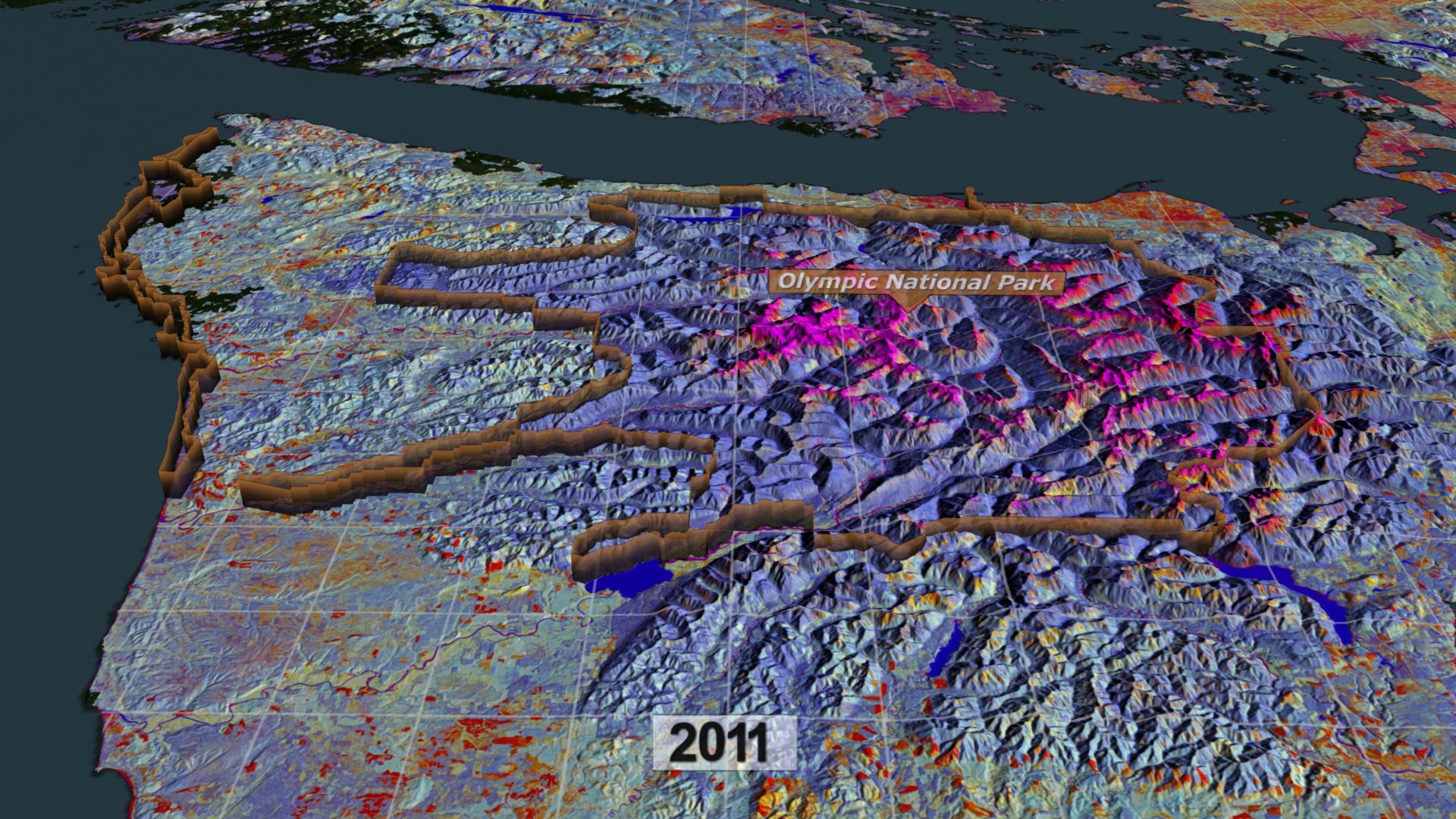 A tour of LandTrendr-processed Landsat data from Redwood National Park to Mount Shasta, up the Cascade Range, over to the Olympic Peninsula, and back down to Redwood National Park.