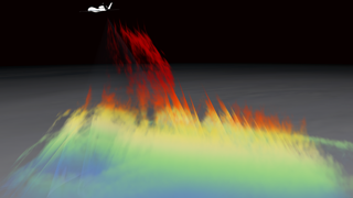 The Global Hawk UAV flies over Hurricane Karl to reveal a hot tower.  Red shows reflectivity that is 12 km from the surface, orange is 10 km, yellow is 7.5 km, green is 6 km, and blue is under 6 km.This movie shows the eyewall of the storm develop as the UAV monitors from above.