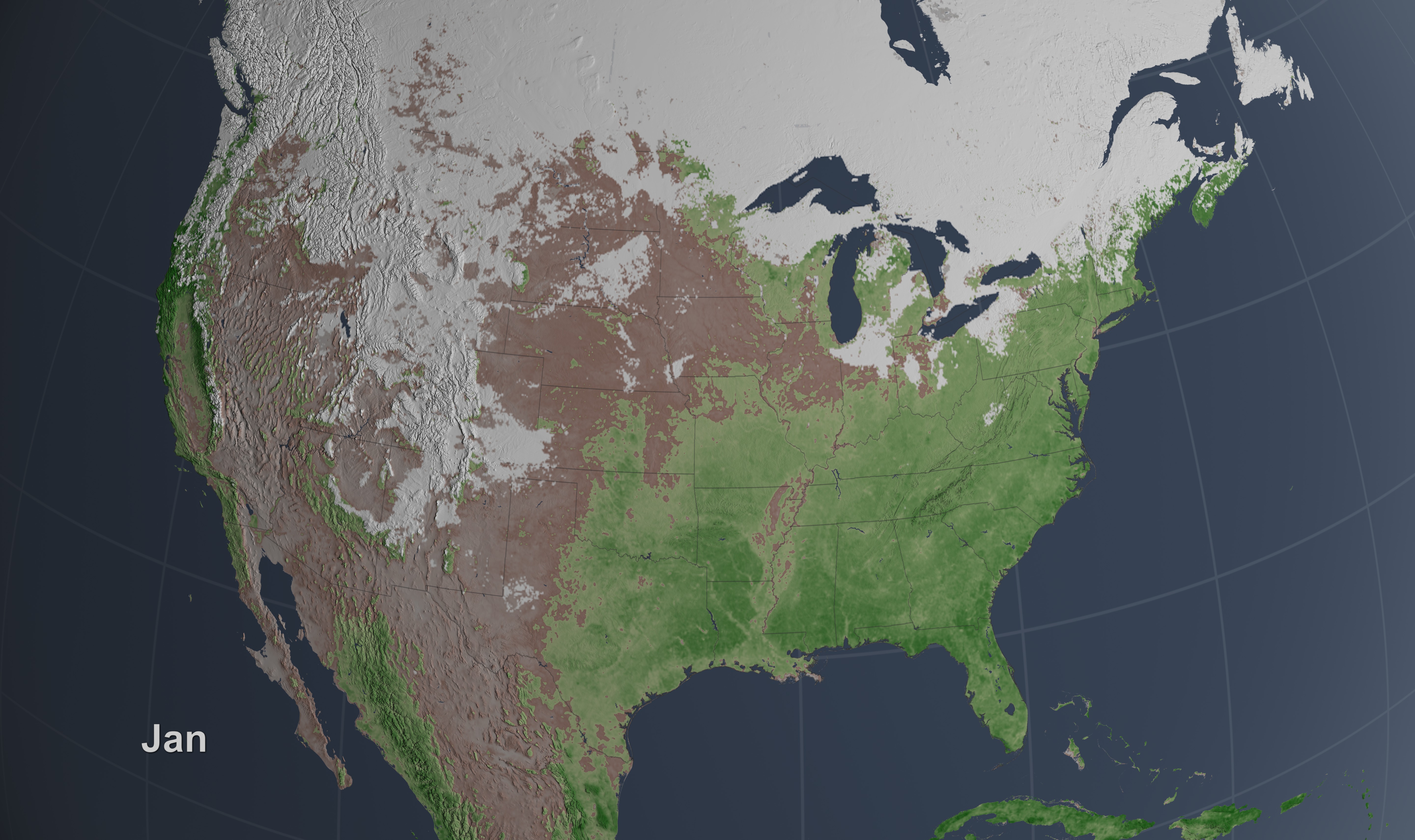 This 30 second animation shows 907 days (~2.5 years) of MODIS snow data overlaid on top of MODIS NDVI data. The still image is from January 2.This video is also available on our YouTube channel.