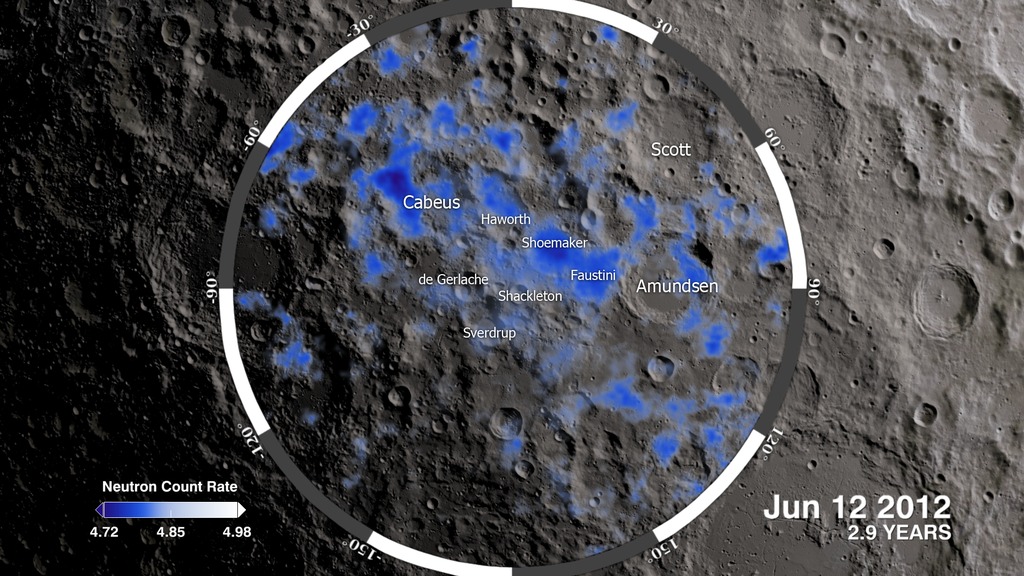 We follow LRO to the south pole and watch as the LEND instrument integrates neutron counts over the three years from July 2009 to June 2012.This video is also available on our YouTube channel.