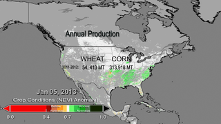 This sequence shows NASA MODIS' derived crop NDVI anomaly relative to the average (2000-2011) with the USDAA's end of season crop production for wheat and corn in the United States.Orange and brown indicate below average and green indicates above average crop production.  This still image is from March 30, 2013 showing below average conditions for most of the United States.