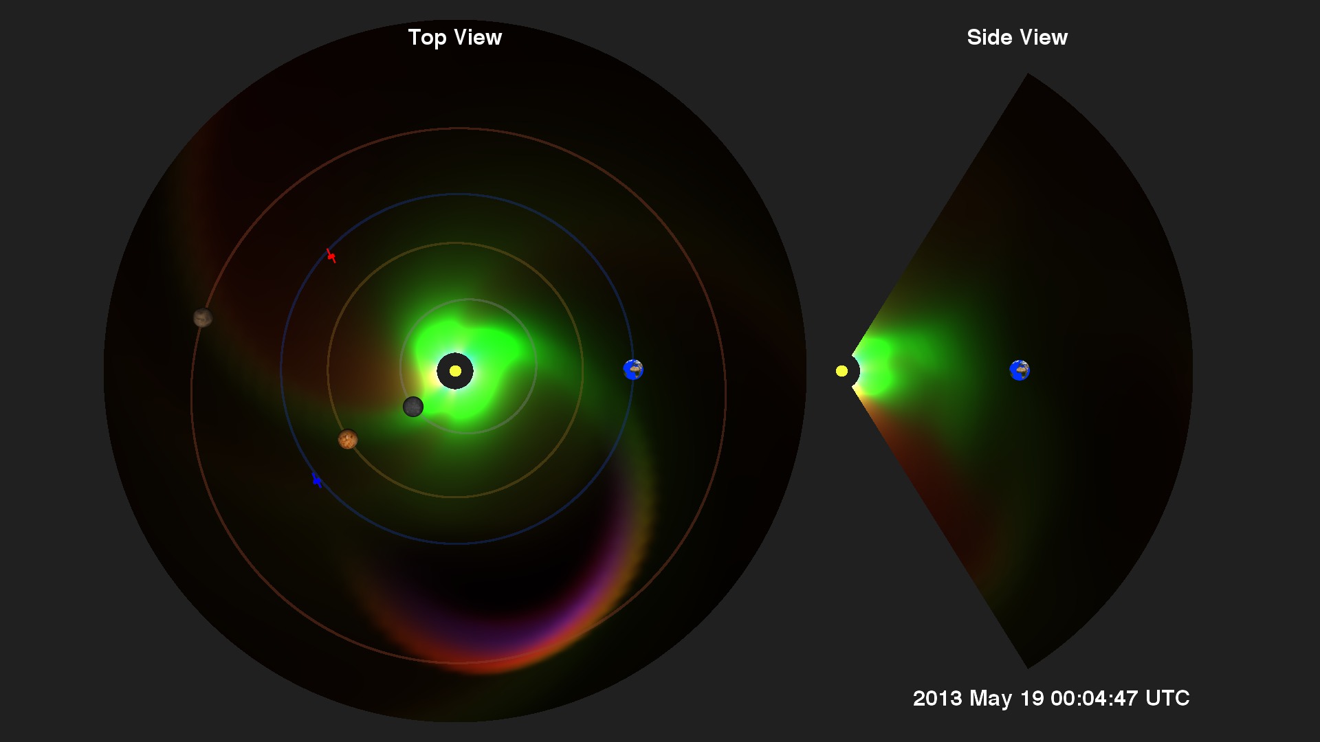 This movie shows the forecast trajectory of the CME launched from AR 11748 through the solar system.