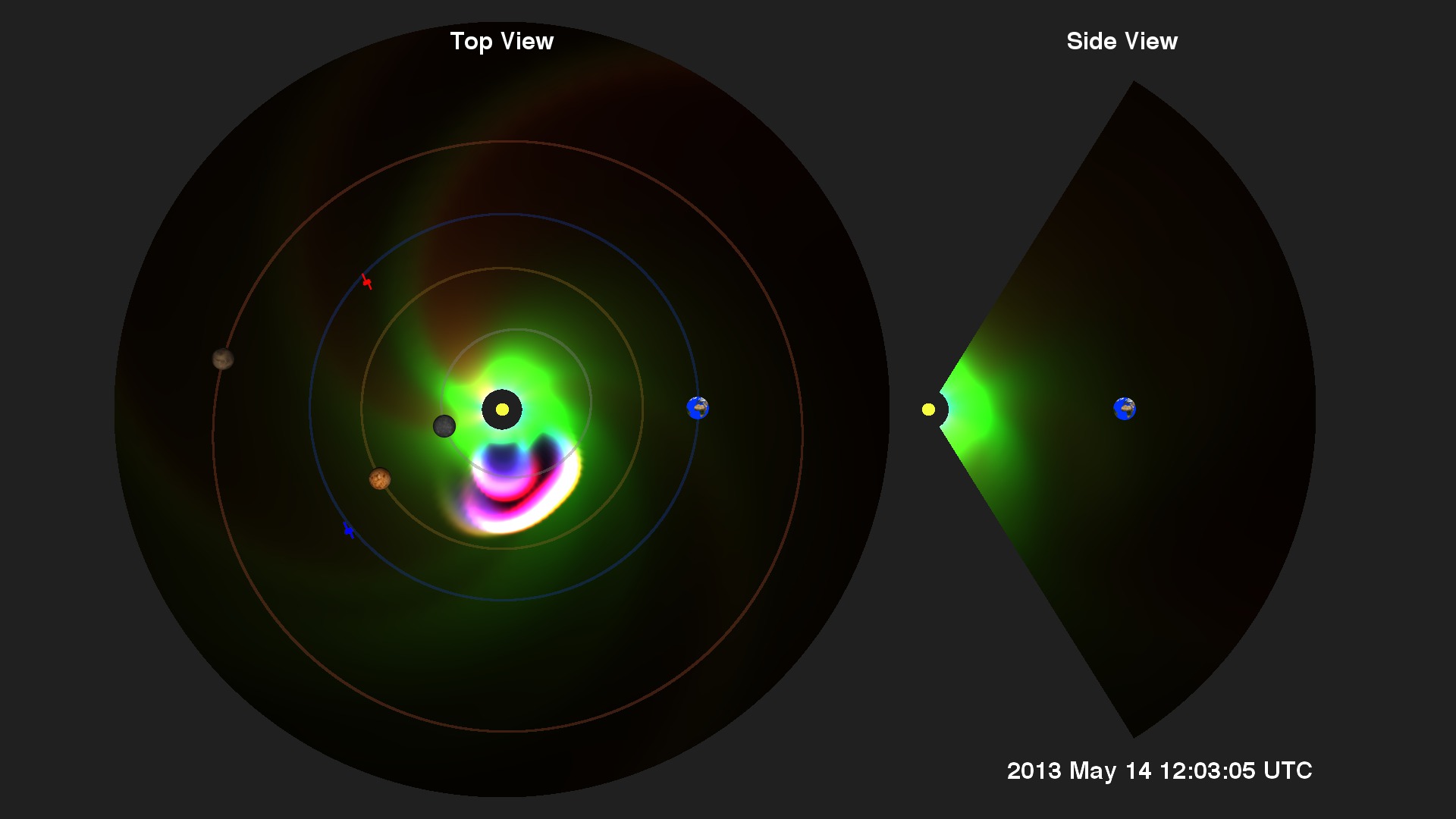 This movie shows the 'rapid-fire' launch of three CMEs which merge together as they move out from the sun.