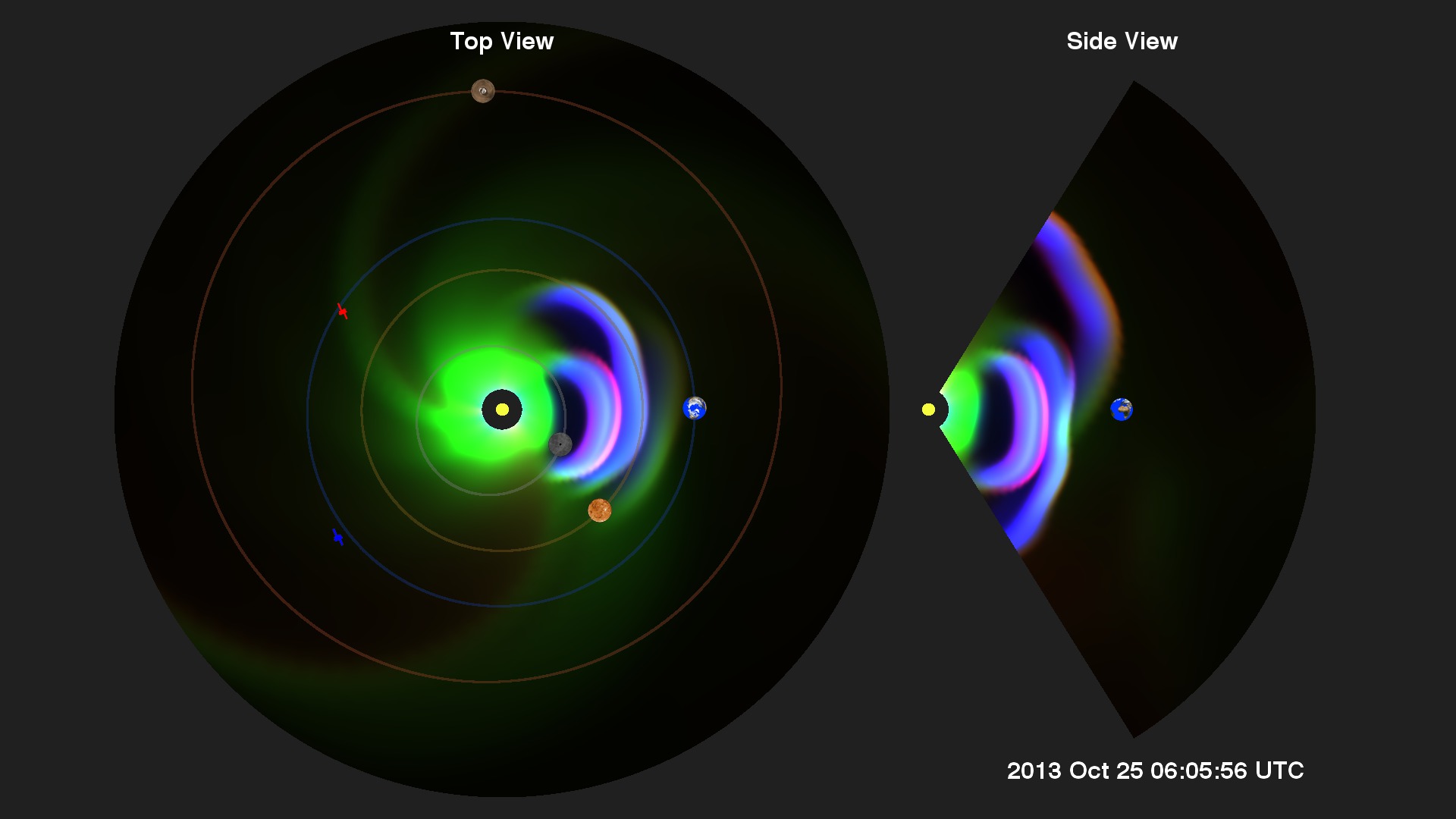 Movie with research run of three CMEs merging into one.