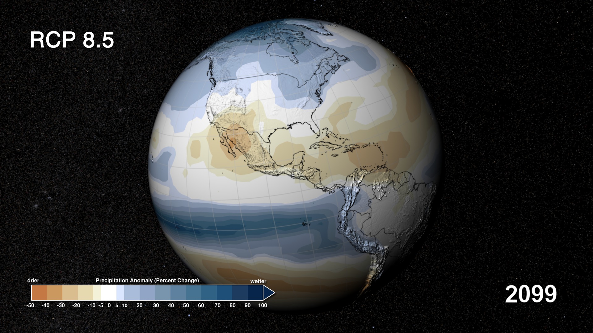 Sample animation of RCP 8.5. This animation starts with the temperature scenerio and later dissolves into the precipitation scenerio.