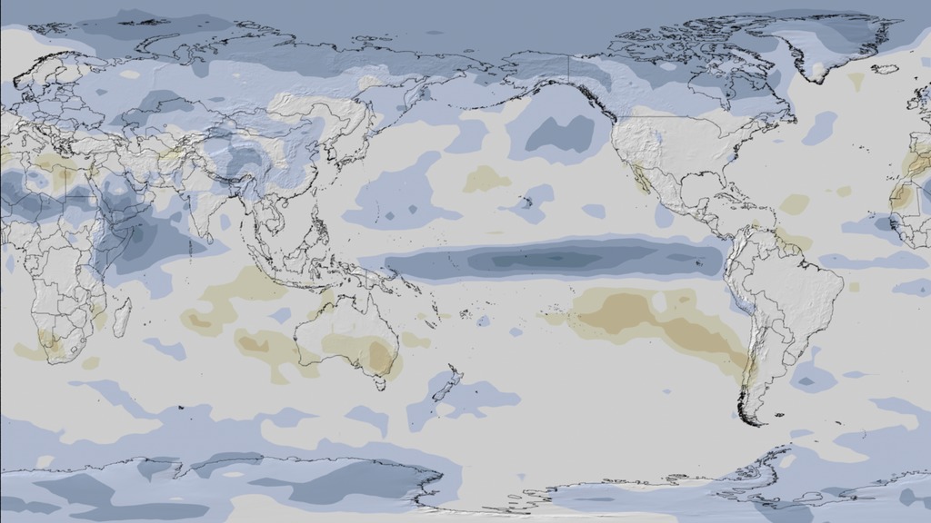 This visualization shows precipitation and represents the mean output of how certain groups of CMIP5 models responded RCP 2.6The pathways are numbered based on the expected Watts per square meter – essentially a measure of how much heat energy is being trapped by the climate system – each scenario would produce.