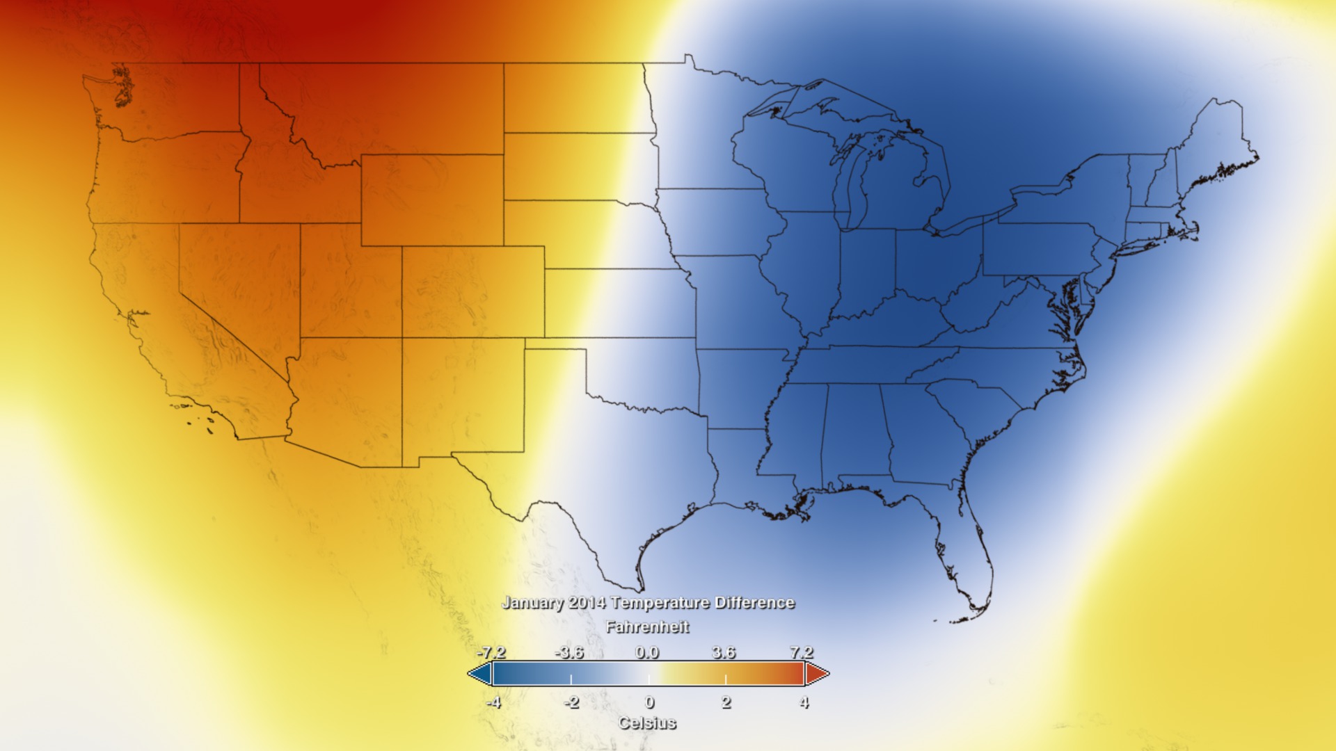 Colder then normal temperatures were seen in January of 2014 in the Eastern United States but that much of the rest of the world saw warmer then normal temperatures during that same time period.