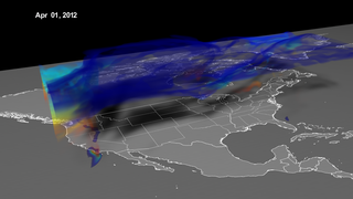 Ozone in the upper part of the atmosphere, the stratosphere, is a good thing; it absorbs ultraviolet radiation from the sun, which can cause skin cancer. But in the lower part of the atmosphere, the troposphere, ozone is a pollutant that can create respiratory problems. So monitoring tropospheric ozone is important for mitigating its effects. But sometimes, natural ozone from the stratosphere can make its way to the troposphere, confusing monitoring efforts. 

One of these events is what I'm visualizing here. In April 2012, an area of fast-moving low pressure caused ozone-rich stratospheric air to descend, folding into tropospheric air near the ground. Winds pushed it in all directions, bringing stratospheric ozone to the ground in the Southwest. You can see this as a curtain of swirling air reaching to the ground in this visualization. The air is color-coded by altitude blue at 10 km, and red at sea level. 

Atmospheric scientists at NASA's Goddard Space Flight Center in Greenbelt, Md., set out to see if the GEOS-5 Chemistry-Climate Model could replicate the intrusion at 25-kilometer resolution. Indeed, the model could replicate small-scale features, including finger-like filaments, within the apron of air that descended over Colorado. To communicate the implications of this result most effectively to non-scientists, we created a volumetric visualization that replaced numerical data with animation. By making visible events that would otherwise have remain invisible to those without expertise and training, the animation allows policymakers and the public to immediately comprehend the nature of the problem, and hopefully make more informed decisions in addressing it.