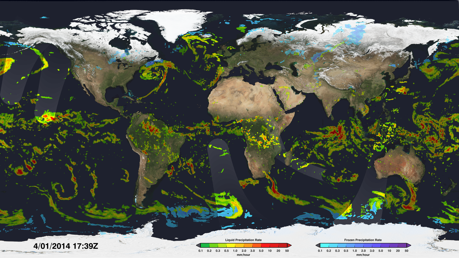 Accumulating swaths from the GPM Constellation, shown on a flat map.  Swaths are brightest with current data, then fade to a dimmer representation.