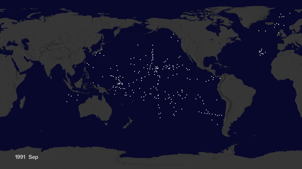 The NOAA drifter buoys had been released at various times and locations around the world.  As you watch new buoys get released, notice the patterns of the buoys.  These are due to the way that they were release.  For exmaple, a boat sailing in a roughly straight line might release a series of buoys every few hours causing a line of dots to appear; or, a bunch of buoys might be released near a research station making the buoys look like they all emerge from one location.