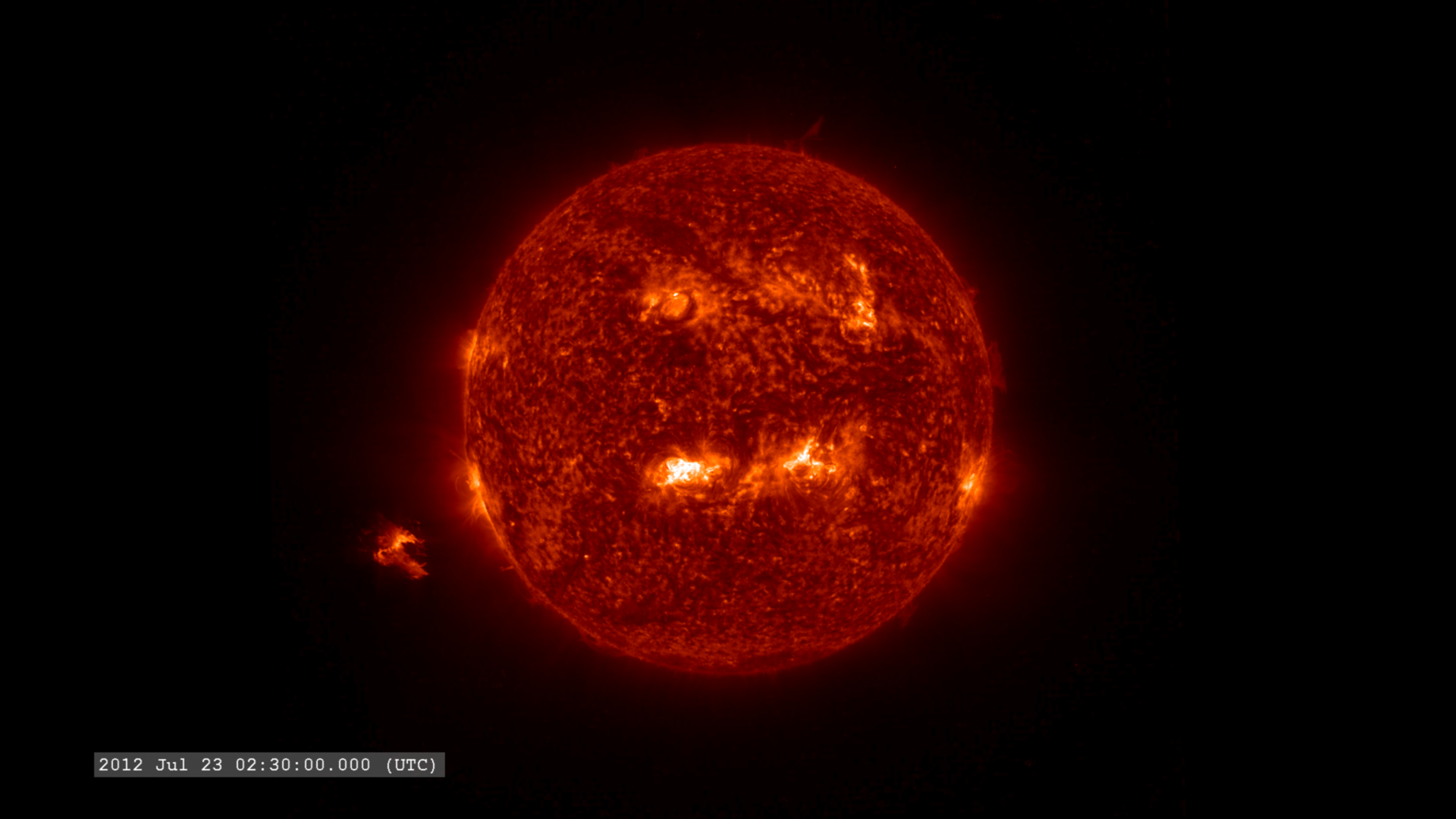 In this sequence from the STEREO-B, 304 angstrom ultraviolet filter, we see the CME rising from the lower left limb of the sun.