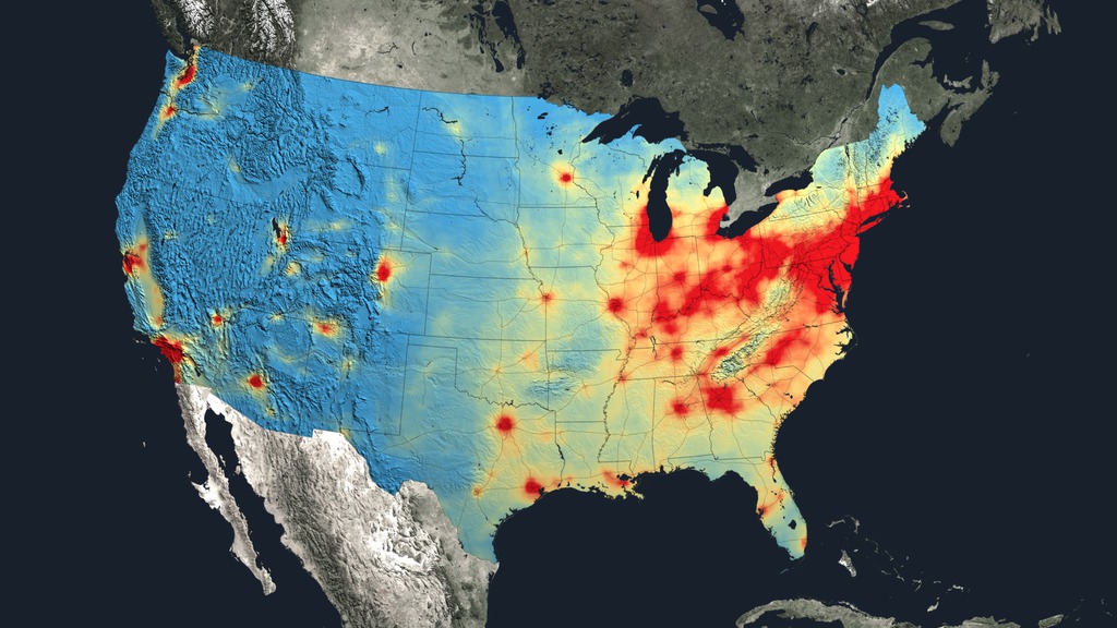 Nitrogen dioxide levels for the continental United States.