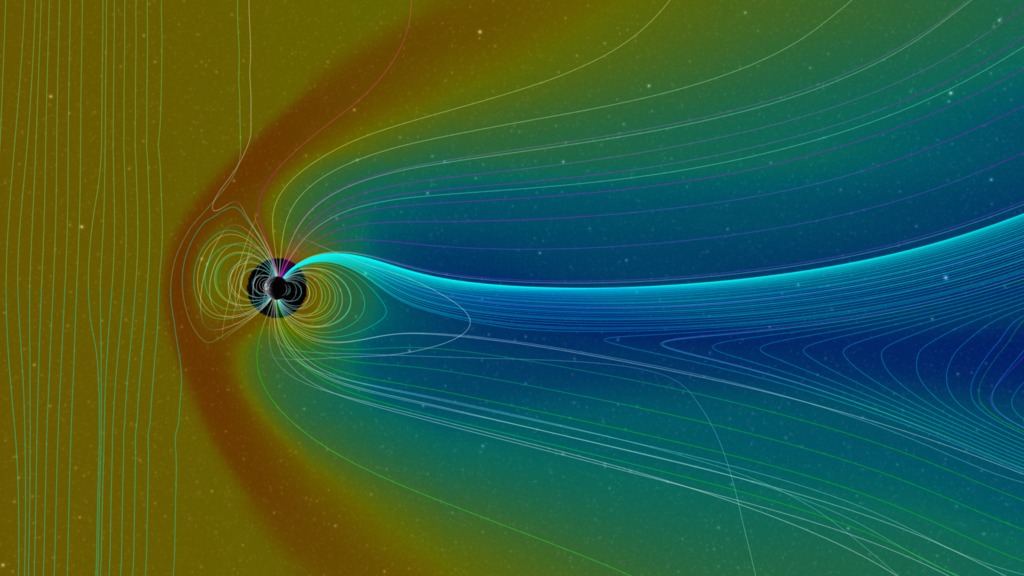 This movie opens with a close-up view of Earth with geo-magnetic field lines.  The camera pulls out and fades in a profile slice of the plasma density data.This video is also available on our YouTube channel.