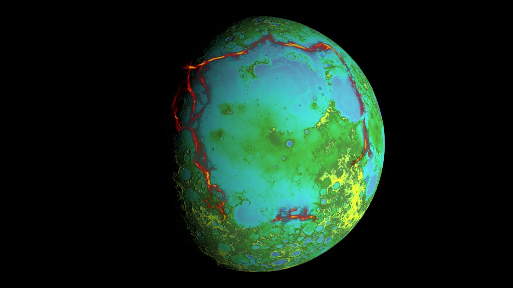 Gravity anomalies (red) bordering the Procellarum region are overlaid on a global elevation map.