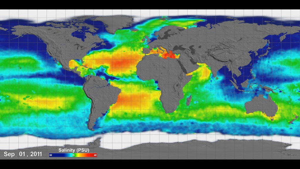 Rectangular flat map projection (Atlantic-centered) with grid lines showing Sea Surface Salinity measurements taken by Aquarius between September 2011 and September 2014. 