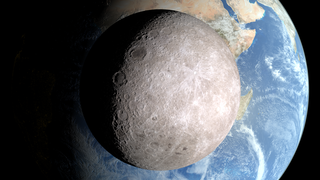 A number of people who've seen the annual lunar phase and libration videos have asked what the other side of the Moon looks like, the side that can't be seen from the Earth. This video answers that question. (Update: The video was selected for the SIGGRAPH 2015 Computer Animation Festival.)

Just like the near side, the far side goes through a complete cycle of phases. But the terrain of the far side is quite different. It lacks the large dark spots, called maria, that make up the familiar Man in the Moon on the near side. Instead, craters of all sizes crowd together over the entire far side. The far side is also home to one of the largest and oldest impact features in the solar system, the South Pole-Aitken basin, visible here as a slightly darker bruise covering the bottom third of the disk.

The far side was first seen in a handful of grainy images returned by the Soviet Luna 3 probe, which swung around the Moon in October, 1959. Lunar Reconnaissance Orbiter was launched fifty years later, and since then it has returned hundreds of terabytes of data, allowing LRO scientists to create extremely detailed and accurate maps of the far side. Those maps were used to create the imagery seen here.

In the first of the two viewpoints, the virtual camera is positioned along the Earth-Moon line at a distance of 30 Earth diameters from the Moon and 60 ED from the Earth. The focal length is equivalent to a 2000 mm telephoto lens on a 35 mm SLR, making the horizontal field of view about one degree. The view is consistent with what you might see through an amateur telescope at these distances.

In the second view, the virtual camera is much closer to the Moon, only 1.2 ED, versus 31 ED from Earth. The camera focal length has been reduced to 80 mm, giving a 25° horizontal field. The result is an Earth that appears much smaller, more closely resembling the way it would look to the eye from the surface of the Moon.