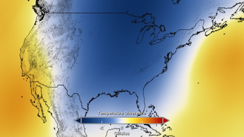 This visualization of global surface temperatures from November 2014 starts with a local view of the United States and then zooms out to see the global color-coded map. Blue represents colder then normal temperatures and red represents warmer.