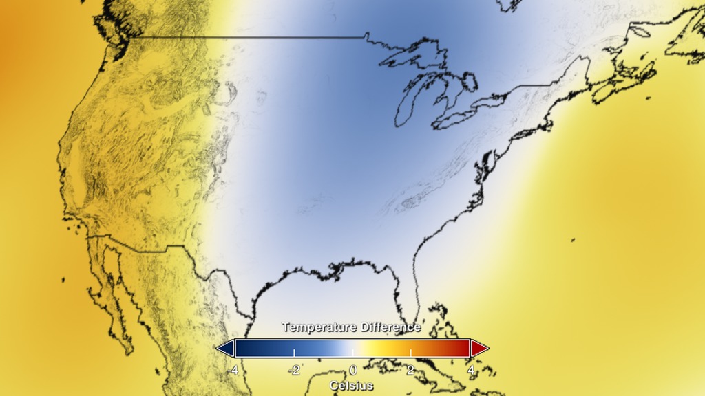 This visualization of annual global temperature anomalies from 2014 starts with a local view of the United States and then zooms out to the global color-coded map.  Blue represents colder then normal temperatures and red represents warmer then normal temperatures.