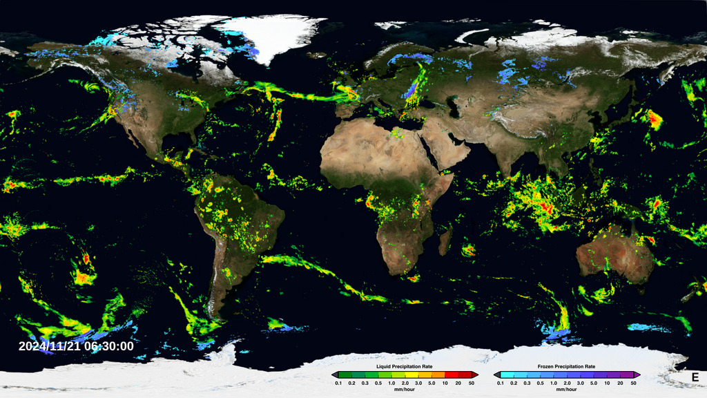 An animation of the most currently available global precipitation data from IMERG.