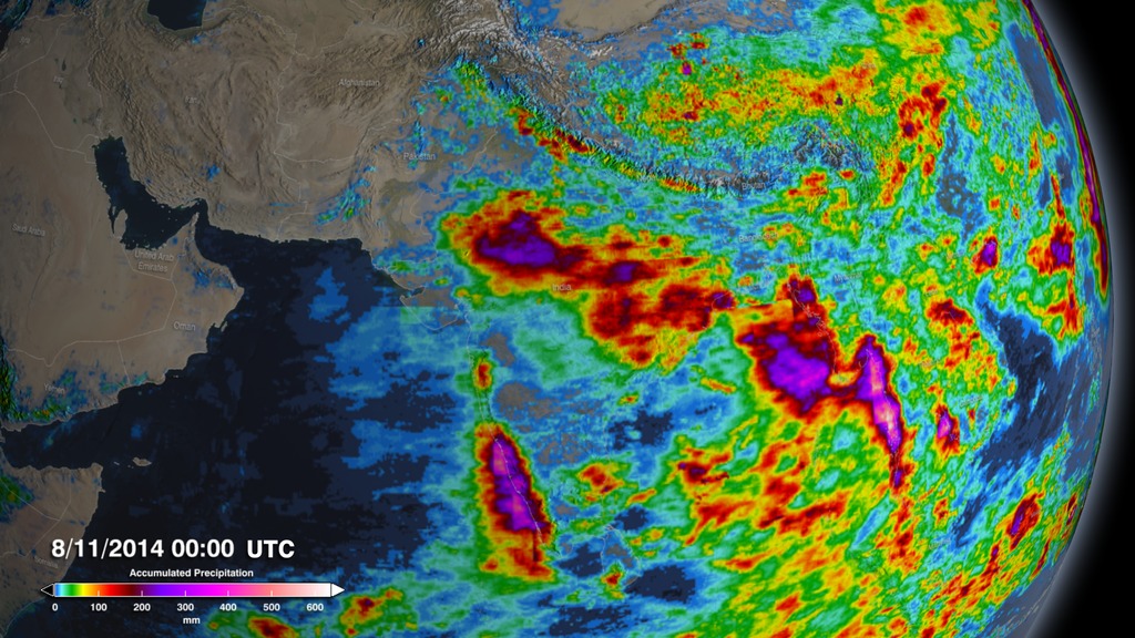 Animation showing accumulated precipitation over India. Notice the extremely high amounts of accumulated rain over the Ghats Mountains. These heavy rains led to major landslides along this mountain range.