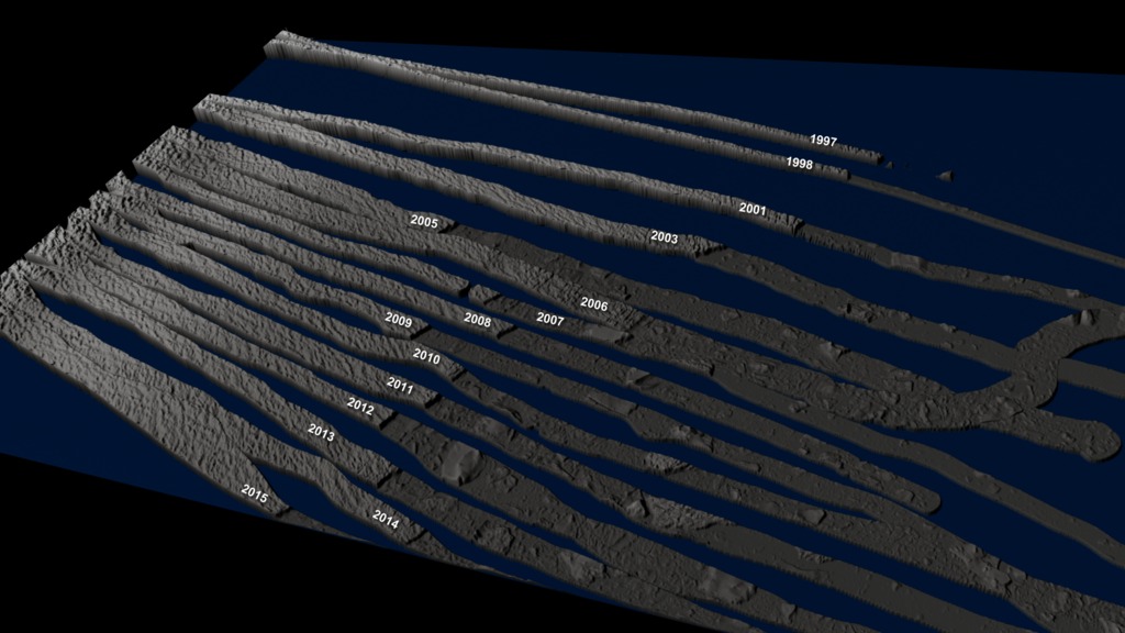 OIB track layers from 1997 to 2015 arranged next to each other