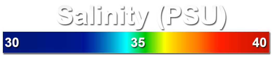 Aquarius color bar showing salinity range from 30 to 40 PSU, going from blue to green to red.