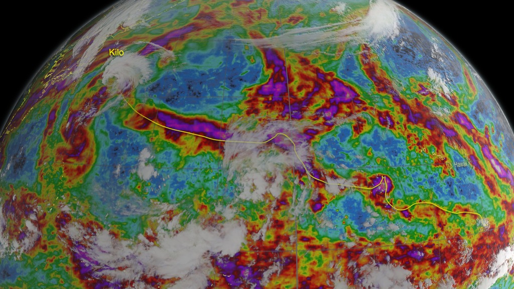 Global view of Hurricane Kilo crossing the Pacific as it leaves an accumulated precipitation trail behind it. 