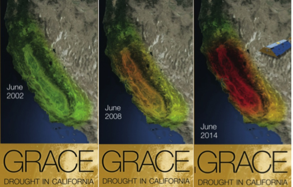 Three of the 12 images used in the GRACE lenticular card, which show the drying out of California’s aquifers based on the decreased amount of gravity they exert.