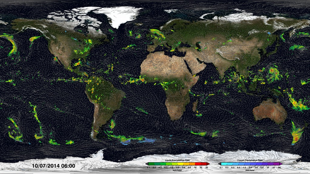 Surface winds from MERRA over IMERG precipitation rates for October, 2014.This video is also available on our YouTube channel.