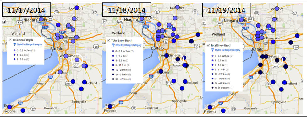 Google Maps rendering of CoCoRaHS data in upstate New York in November 2014.