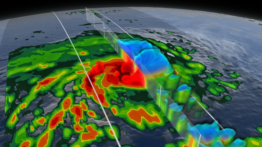 This animation begins with NOAA Cloud Cover Composite (CPC) data that depicts Tropical Cyclone Winston barrelling towards the Fiji Islands. As the camera zooms in, GPM's GPROF data reveals surface rain rates. GPM's DPR 3D volumetric precipitation structure quickly dissolves in to show the entire precipitation structure of Winston. The camera then moves down to the side of the storm to show it's profile, revealing the height of Winston's massive precipitation structures. As the camera moves up and around, Winston is dissected, revealing the heavy precipitation structure surrounding the Cyclone's eye. The camera then finally pulls back, while Winston's outer precipitation structures are draped back over to get one final top down view of the Cyclone over Fiji.