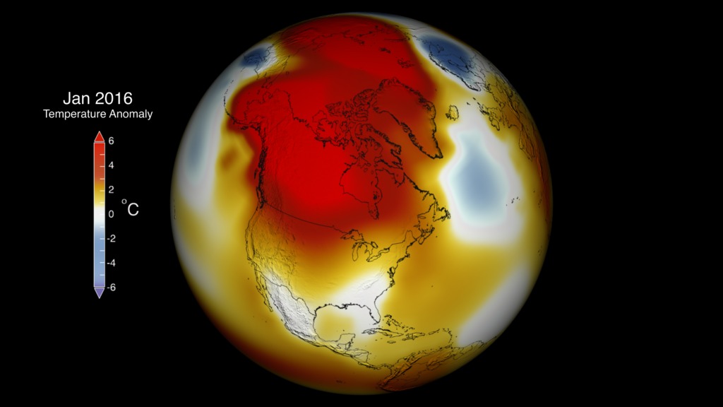 This visualization shows the anomalously warm month of January 2016.  Reds show areas that are warmer than normal and blue shows regions that are colder than normal.