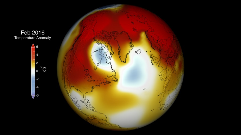 This visual of the February 2016 monthly GISTEMP shows temperatures that are warmer than normal in red and colder than normal in blue.