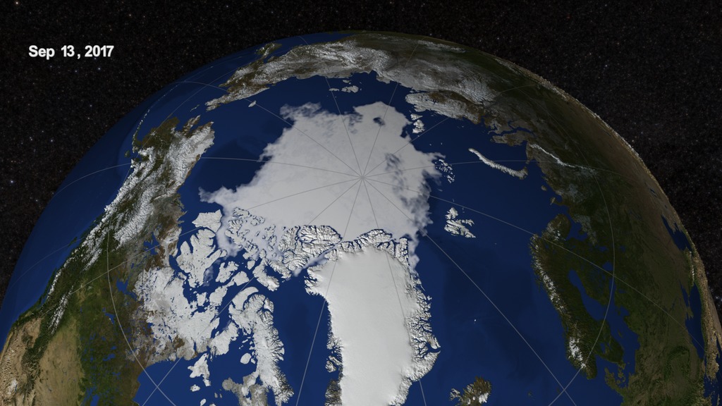 In this visualization, the daily Arctic sea ice and seasonal land cover change progress through time, from this year’s wintertime maximum extent on March 7, 2017, through September 13, 2017 when the sea ice reached its annual minimum extent for the year. Over the water, Arctic sea ice changes from day to day showing a running 3-day minimum sea ice concentration in the region where the concentration is greater than 15%. The blueish white color of the sea ice is derived from a 3-day running minimum of the AMSR2 89 GHz brightness temperature. Over the terrain, monthly data from the seasonal Blue Marble Next Generation fades slowly from month to month.