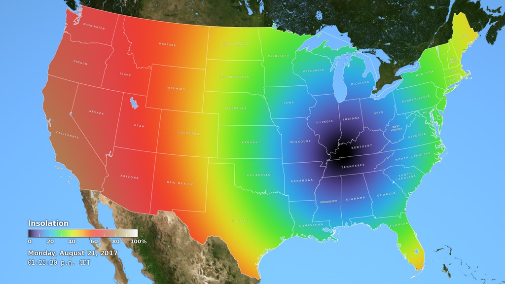 Insolation (the amount of sunlight reaching the ground) is affected dramatically by the Moon's shadow during the August 21, 2017 total solar eclipse.