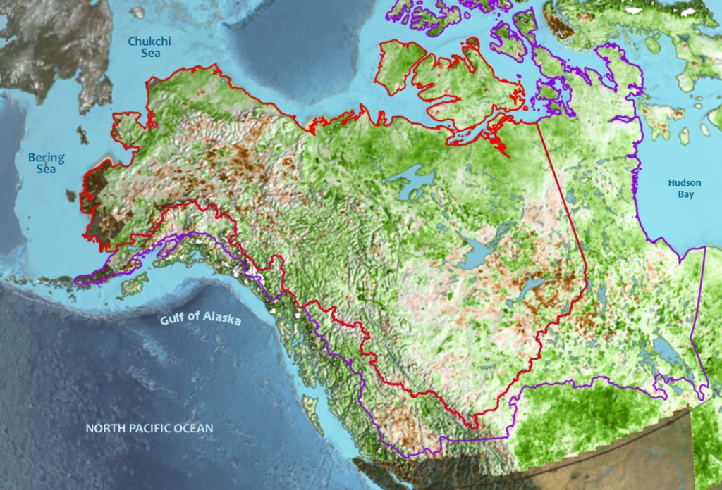 This image shows the core region (red outline) and extended region (purple outline) of the Arctic-Boreal Vulnerability Experiment over a background of the NDVI trend from 1983-2012.