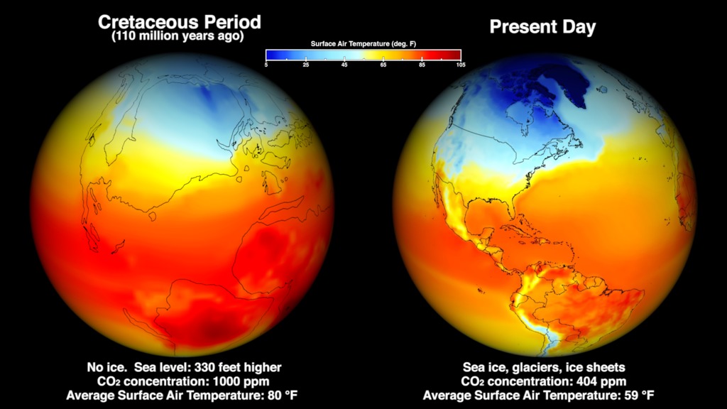 This visualization begins with a satellite view of the NASA Goddard campus.  A marker appears to show where a nodosaur print from the Cretaceous-era was found. The camera then zooms out to a global view, which is then compared to a similar view of a Cretaceous-era Earth.  Differences in ice coverage, CO2 concentration, and sea level are described before surface air temperature data for both time periods fades in, showing that the Cretaceous era was much warmer than modern day. This video is also available on our YouTube channel.