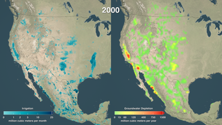 Irrigation and groundwater depletion are shown side-by-side in the western United States.