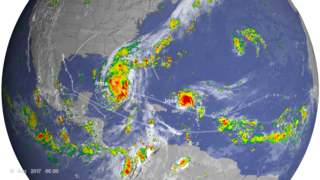 2017 Atlantic Hurricane season storm tracks with IMERG precipitation and GOES clouds (01 Aug 2017 to 31 Oct 2017)