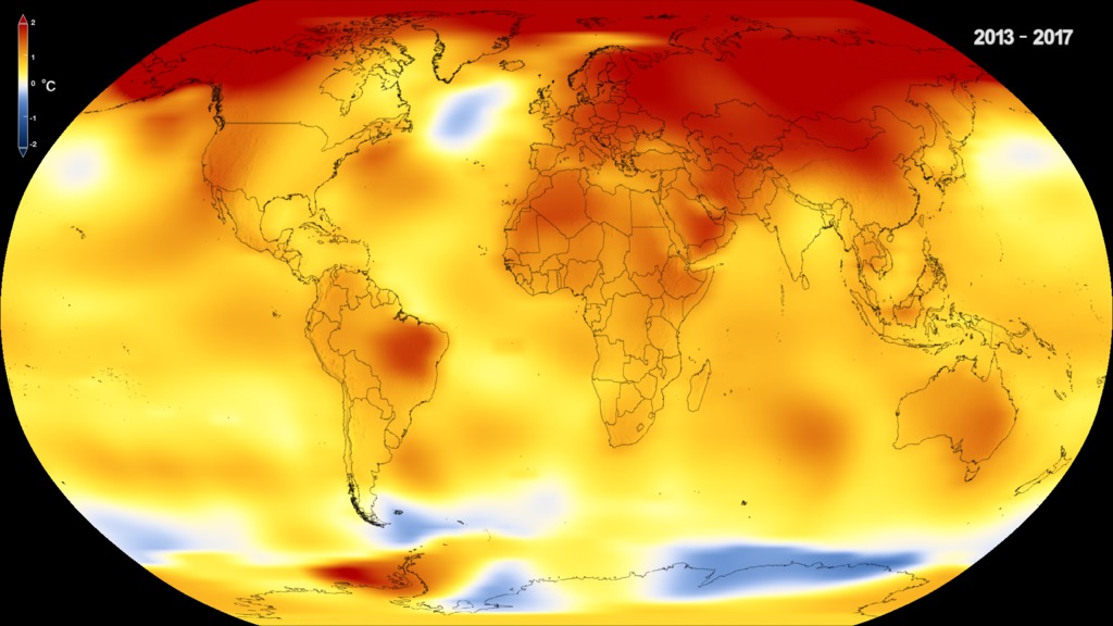 This color-coded map in Robinson projection displays a progression of changing global surface temperature anomalies from 1880 through 2017. Higher than normal temperatures are shown in red and lower then normal termperatures are shown in blue. The final frame represents the global temperatures 5-year averaged from 2013 through 2017. Scale in degree Celsius.This video is also available on our YouTube channel.