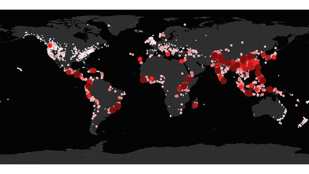 Using the Global Landslide Catalog, a map has been produced to show the distribution and number of reported fatallities associated with approximately 10,804 rainfall-triggered landslides from 2007-2017. Out of the 10,804 reported rainfall-triggered landslides, 8,369 incidents had zero fatalities. White dots represent incidents with zero reported fatalities. Dots in the color scale from pink to red represent incidents with fatalities in the range of 1-5000.