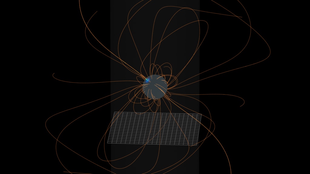 This movie presents a basic tour around the vacuum magnetic field solution.  This version is generated with some simple reference objects for more general use.