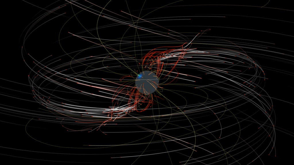 This movie presents a basic tour around the simulation magnetic field including motion of the high-energy positrons. This version is generated with no background objects and an alpha channel for custom compositing.