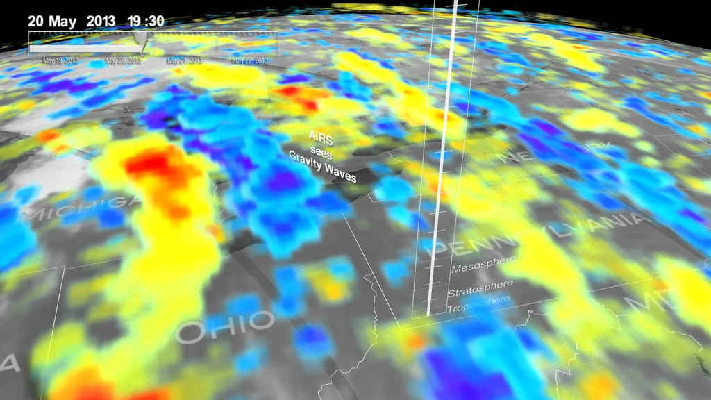 NASA scientists have tracked gravity waves traveling thousands of miles across our atmosphere in concentric rings. Large storms can create these waves, which grow and spread upward hundreds of miles above Earth's surface. 
The AIRS instrument on NASA's Aqua satellite detected gravity waves in the troposphere and stratosphere 12 hours before a deadly EF5 tornado in Moore, Oklahoma, in 2013.  On the instrument's next pass 11 hours later, it detected even stronger waves.

We pull up 250 miles to the ionosphere, where the waves can be observed by GPS satellites. Here gravity waves are shown in greens and yellows, like ripples in a pond. 
 The waves and tornado were both produced by a long-lived storm system.
Understanding the spread of gravity waves improves global weather forecasting and space weather forecasting.
Complete transcript available.This video is also available on our YouTube channel.