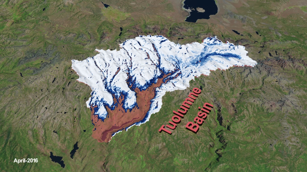 This visualization focuses on the Tuolumne Basin, located within the boundaries of Yosemite National Park, which supplies water via the Hetch Hetchy aqueduct to the San Francisco Bay Area.  Snow Water Equivalent (SWE) data collected by the Airborne Snow Observatory (ASO) between 2014 and 2017 is depicted in blues and whites, showing how the snowpack changes over time.  This version includes has no colorbar. 