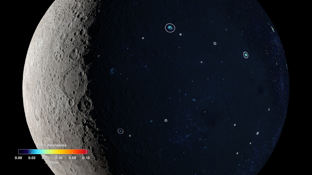 Diviner rock abundance data is overlaid on the lunar globe. Based on this data, the circled craters are less than one billion years old.