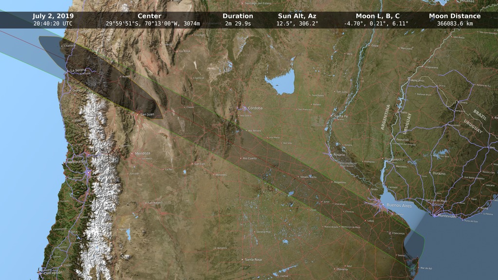 This animation shows the Moon's umbra shadow as it passes over Chile and Argentina during the July 2, 2019 total solar eclipse. Through the use of a number of NASA datasets, notably the global elevation maps from Lunar Reconnaissance Orbiter, the shape and location of the shadow is depicted with high accuracy.