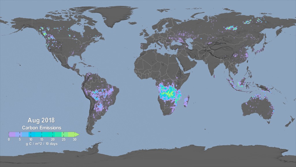 This visualization shows carbon emissions from fires from January 1, 2003 through December 31, 2018.  The colorbar reflects the quantity of carbon emitted.