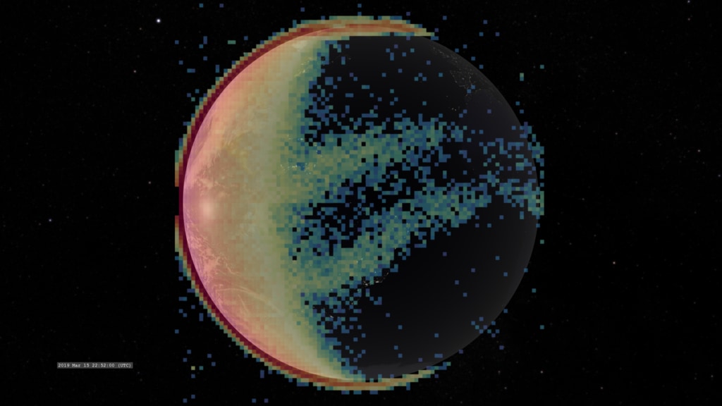 A visualization of GOLD data observing Earth's ionosphere in ultraviolet light around the wavelength of an atomic oxygen emission.